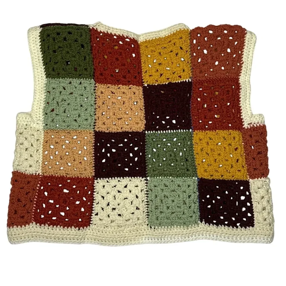 Vintage 1970s Style Handmade Crochet Granny Square Patchwork Vest Unisex XL